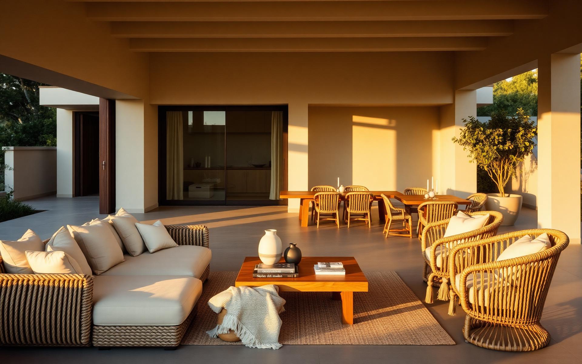 Ambiente externo mobiliado com sofá em corda náutica, poltronas e mesa gourmet Style Art